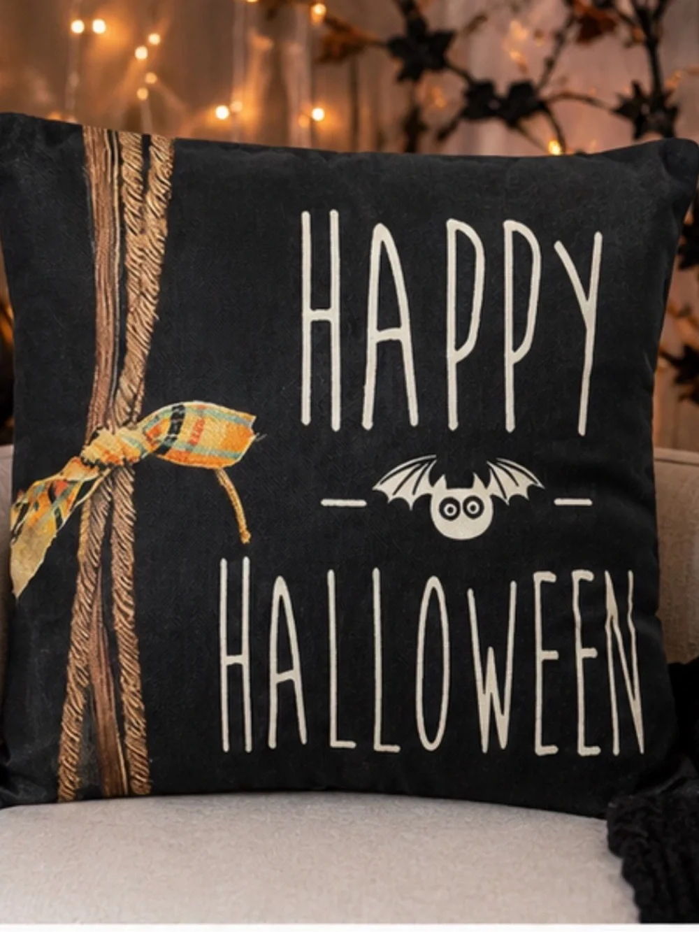 Decorative Halloween throw pillow COVER “Happy Halloween” with bat